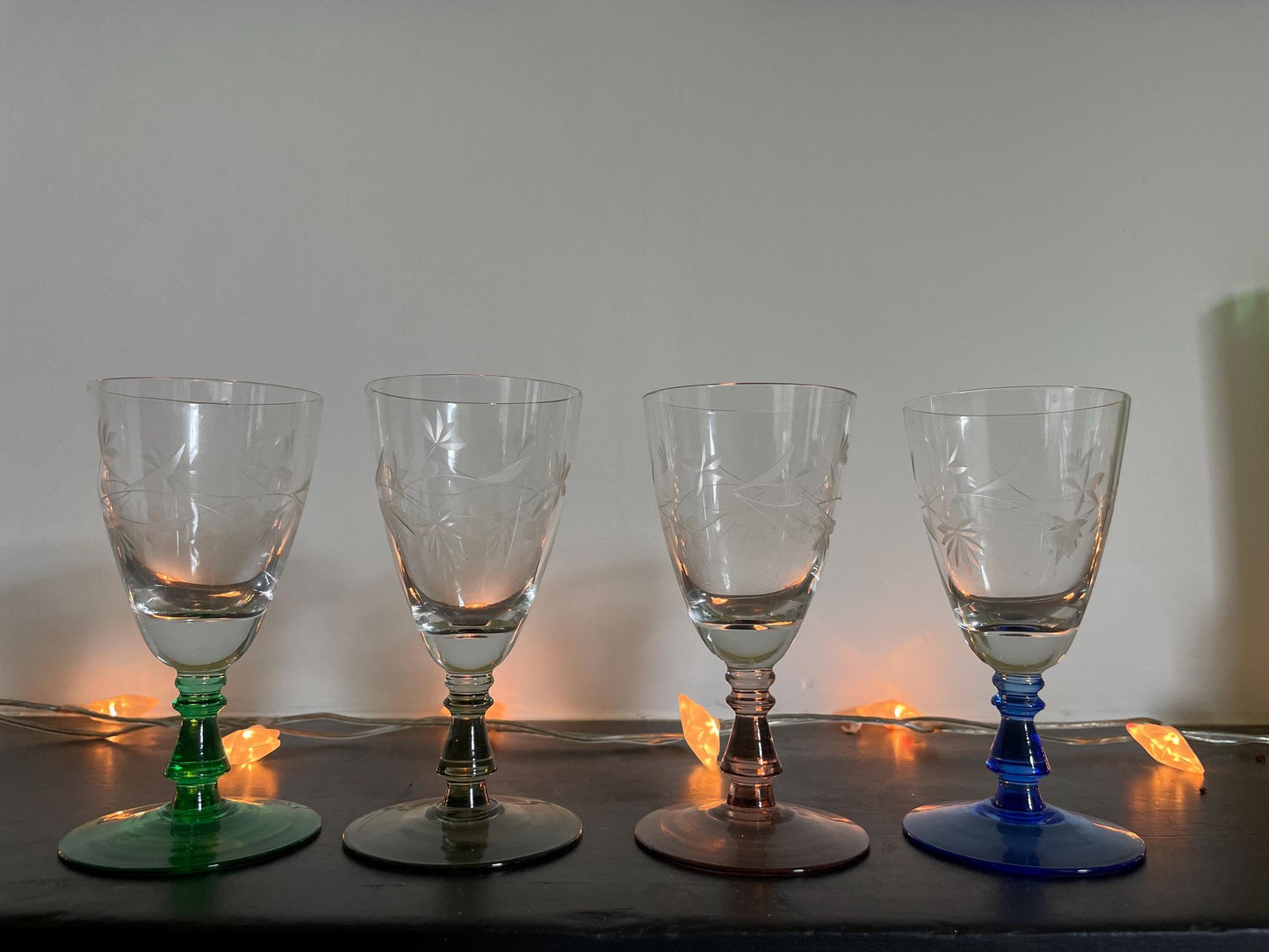 Vintage set of four coloured sherry glasses