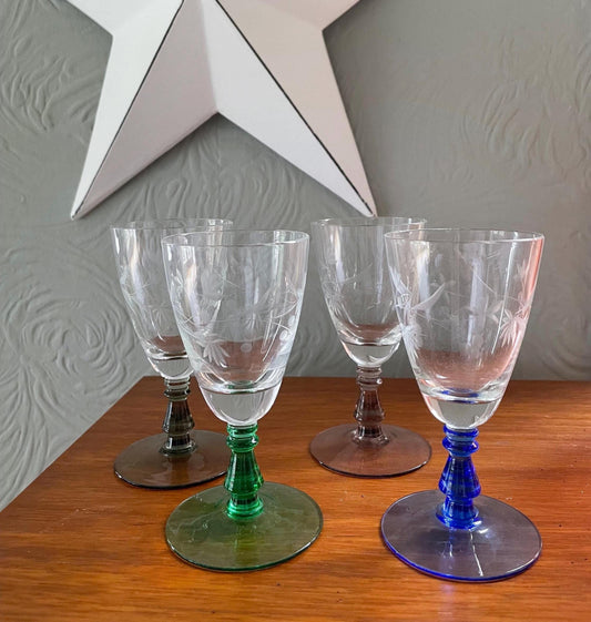 Vintage set of four coloured sherry glasses