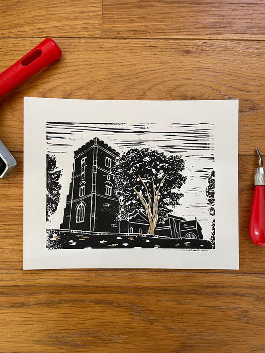 Newport St Woolos Cathedral original art Lino print