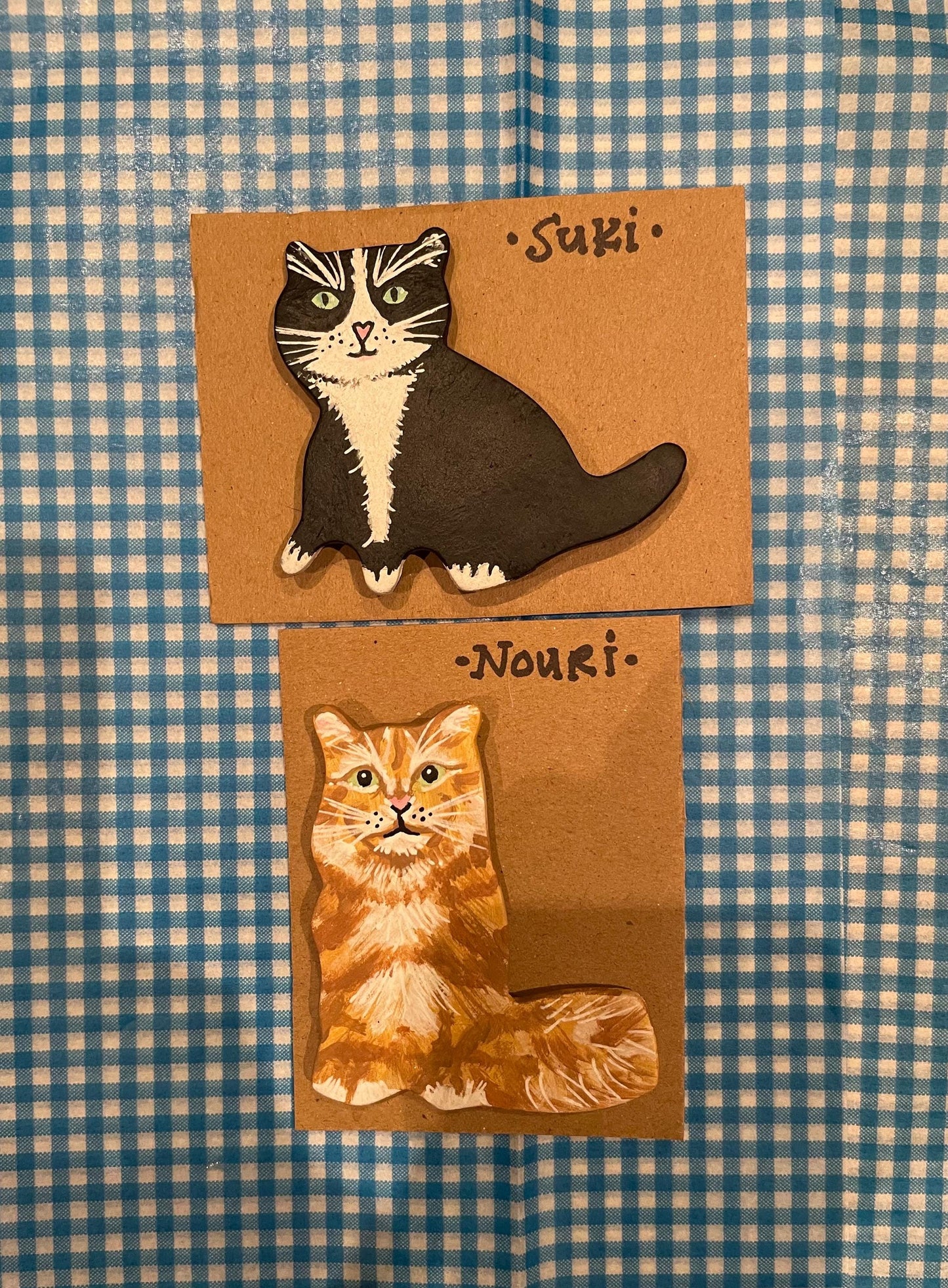 Two cat figurines on brown cards with 'Suki' and 'Nouri' text on a blue checkered background.