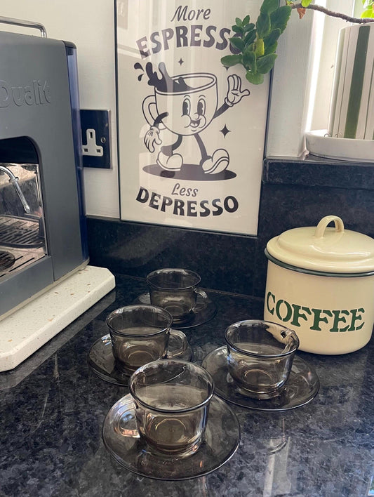 4 smoked glass espresso and saucer set