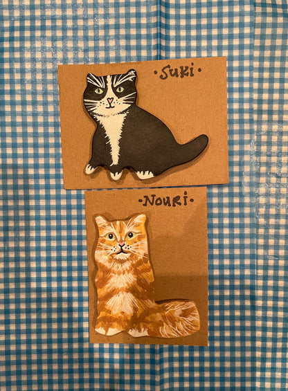 Two cat figurines on brown cards with 'Suki' and 'Nouri' text on a blue checkered background.