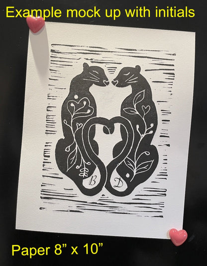 Love Cats handmade print. Perfect wedding gift  with personalisation.
